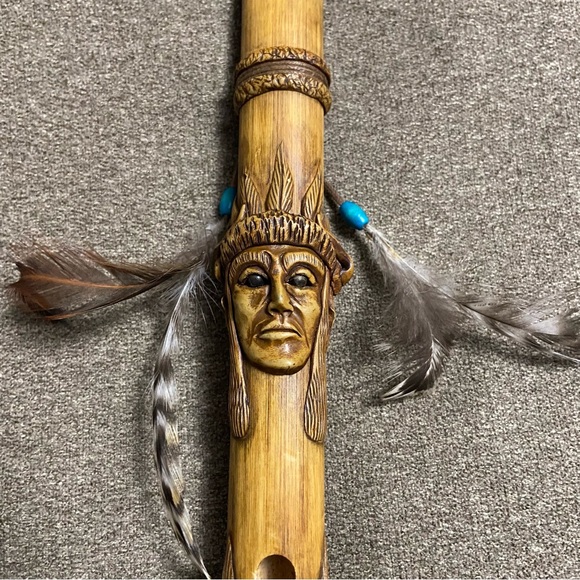 Vintage Hand Carved Wooden Flute with Leather Ties Feathers & Turquoise Beads - Picture 12 of 16
